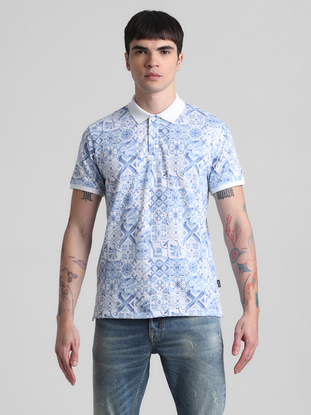 White Printed Polo
