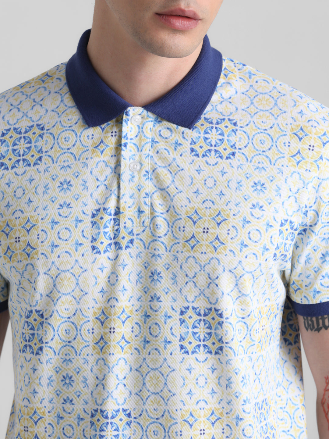 White Printed Cotton Blend Polo
