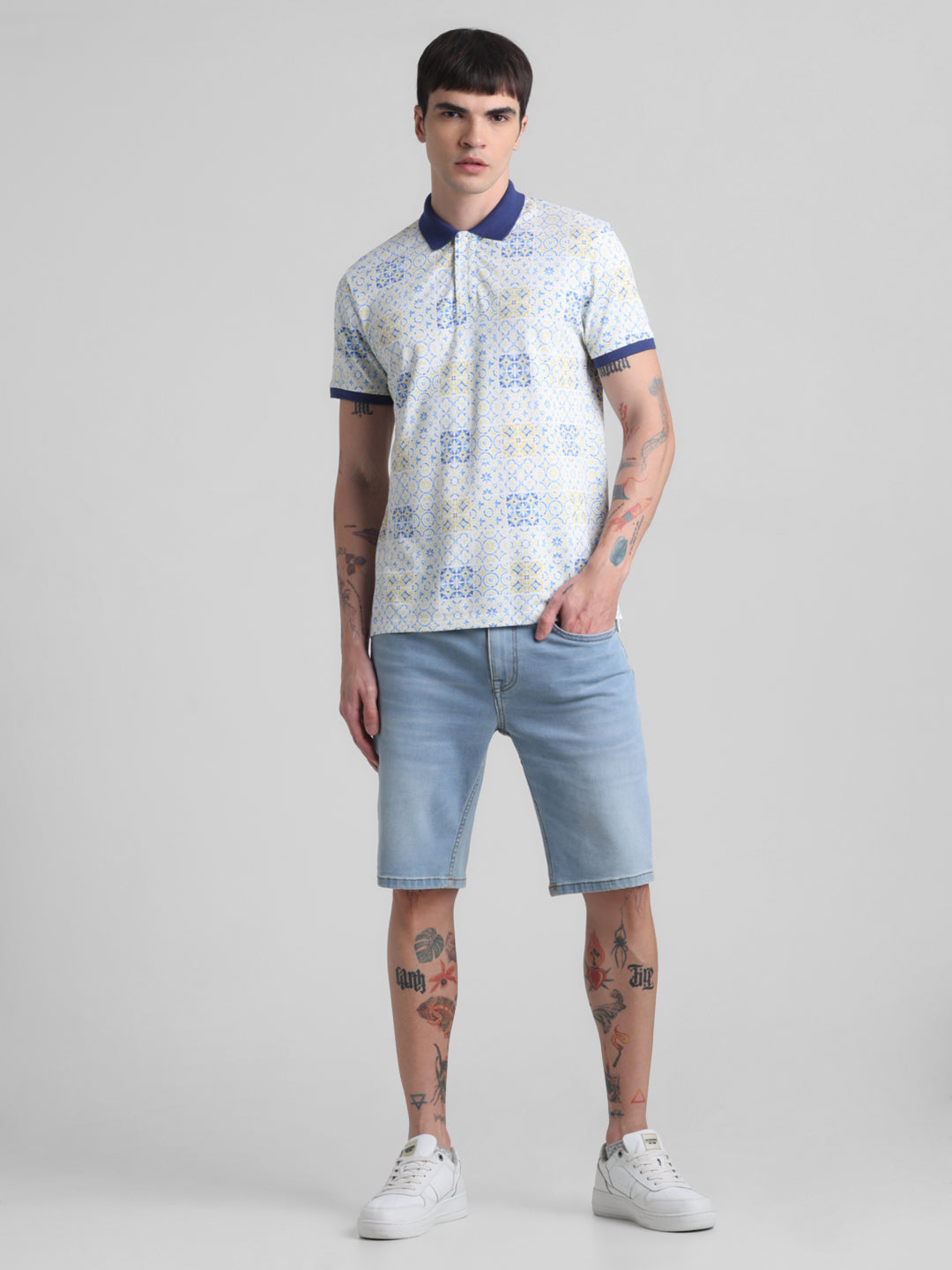 White Printed Cotton Blend Polo
