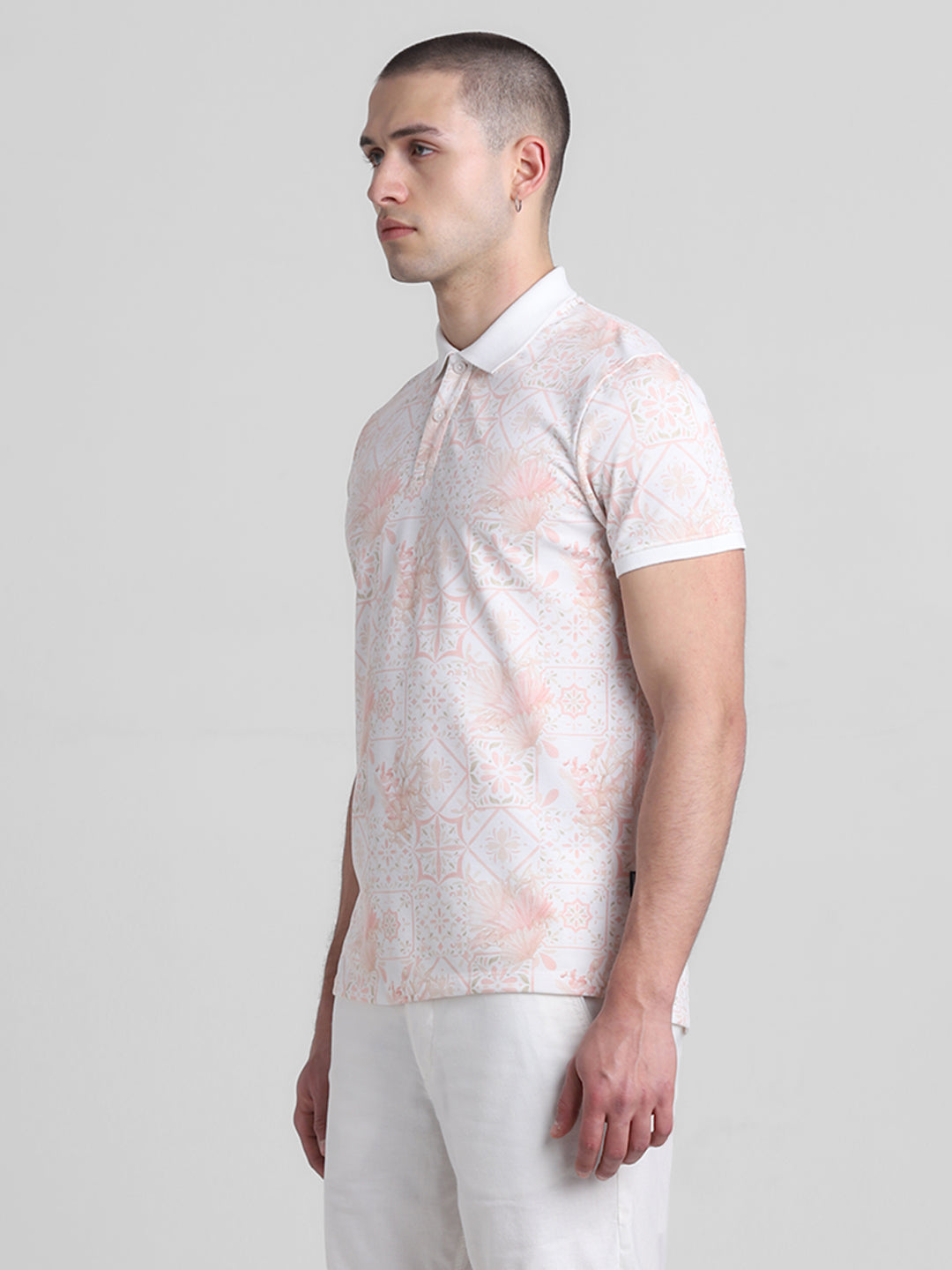 White Floral Print Polo