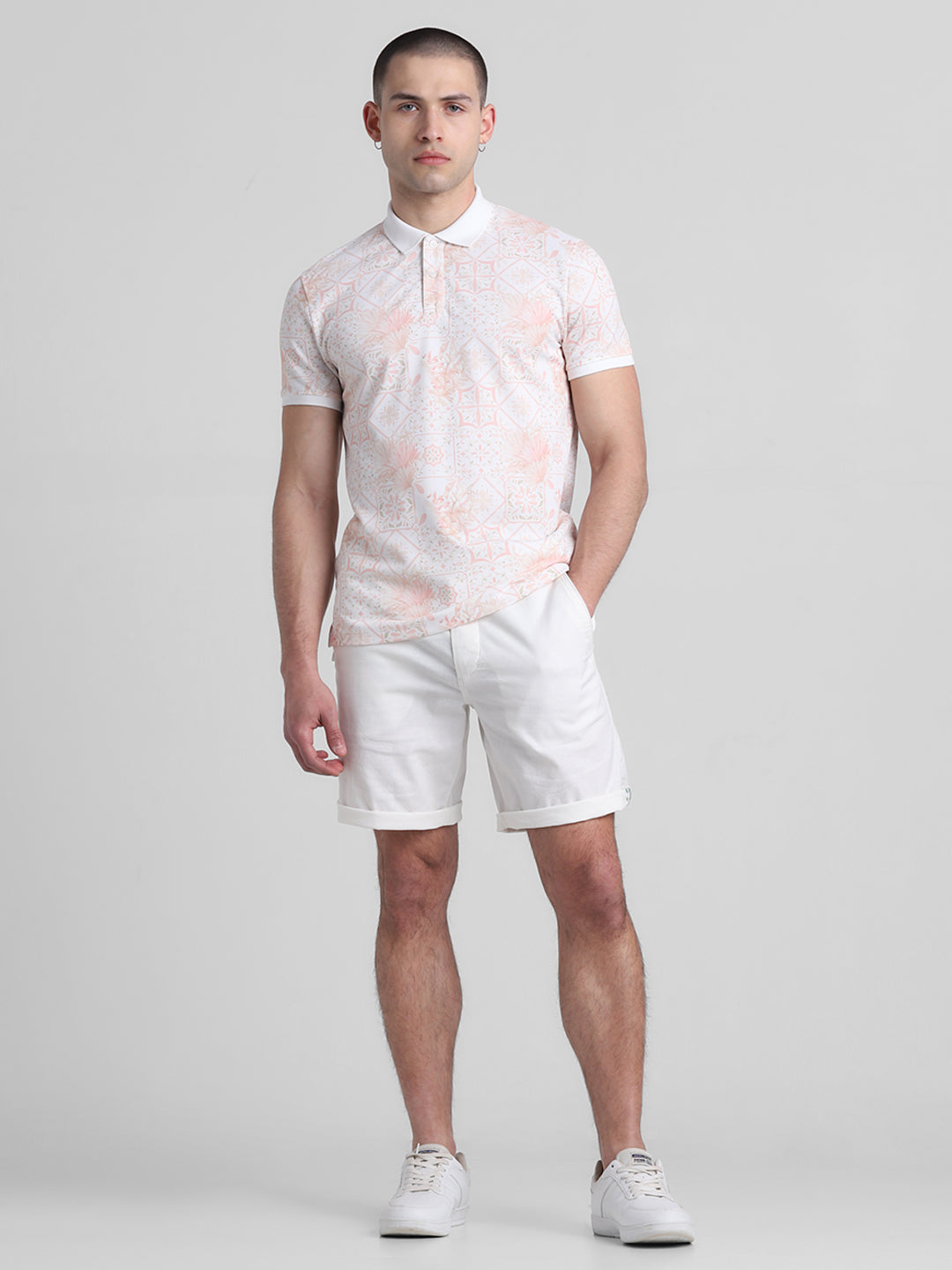 White Floral Print Polo