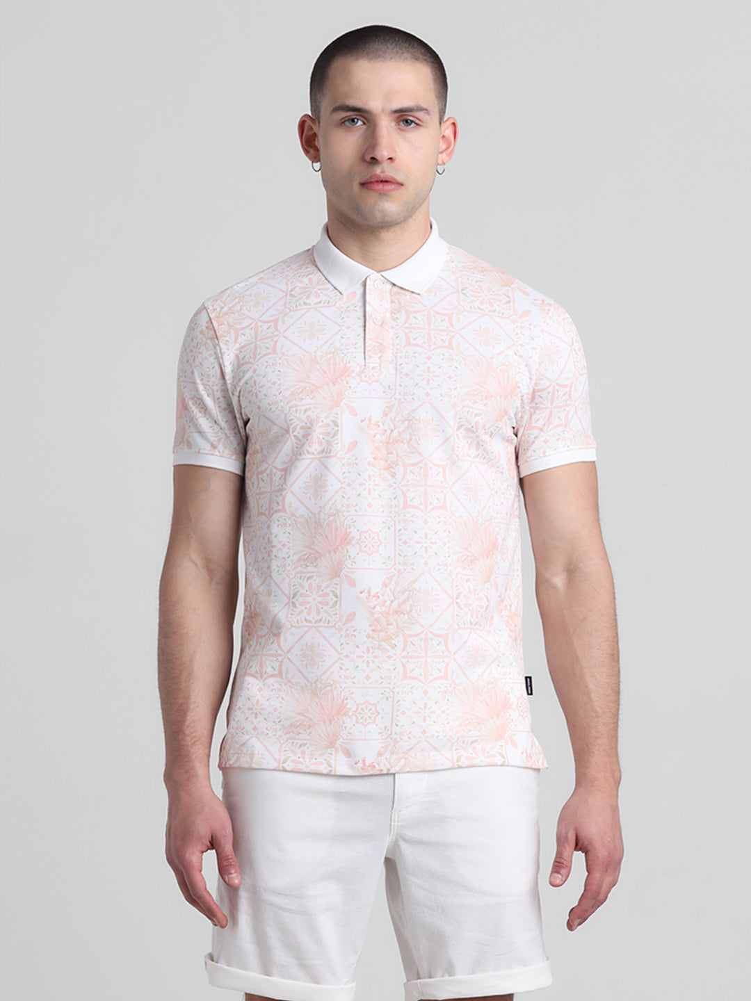 White Floral Print Polo