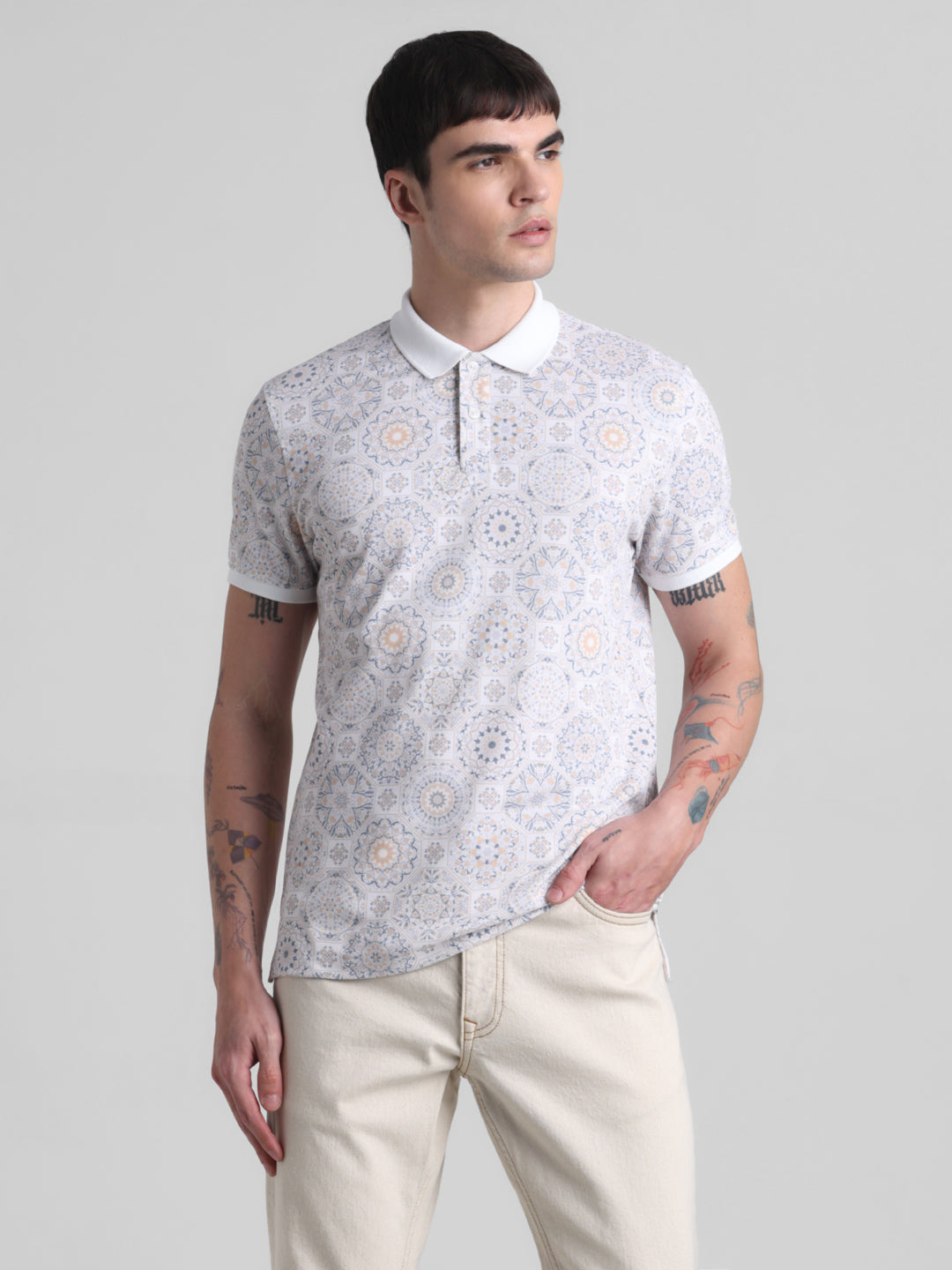 White Printed Polo