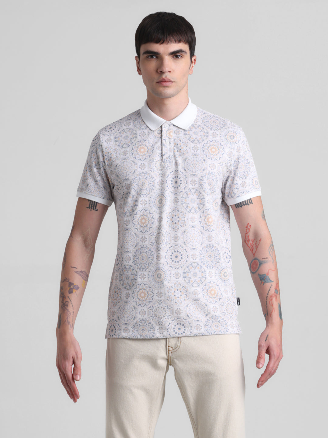 White Printed Polo