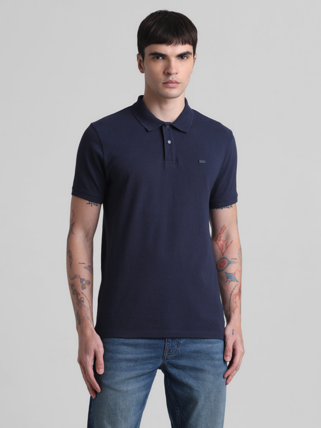 Navy Blue Cotton Blend Polo