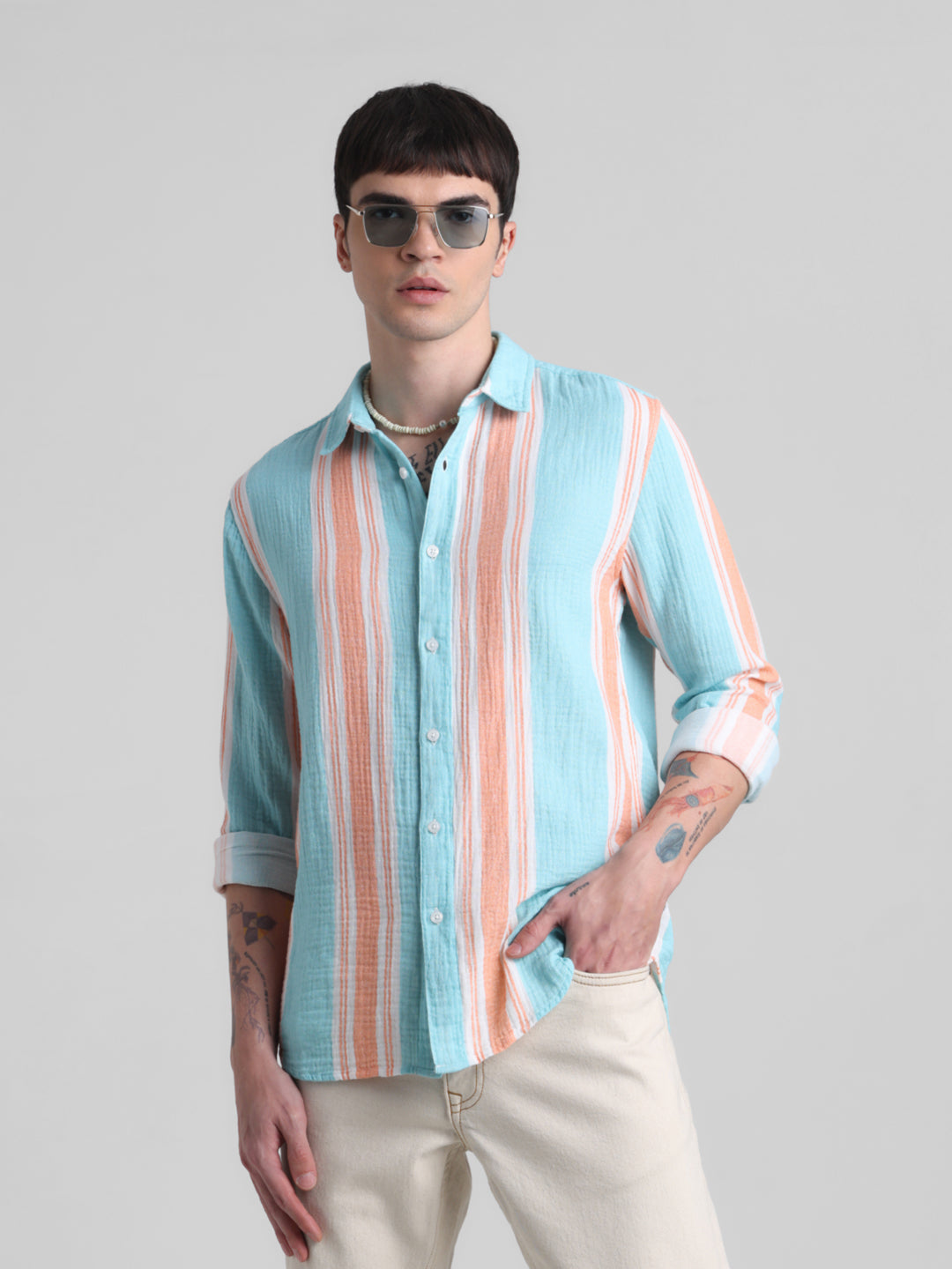 Light Blue Colourblocked Striped Shirt