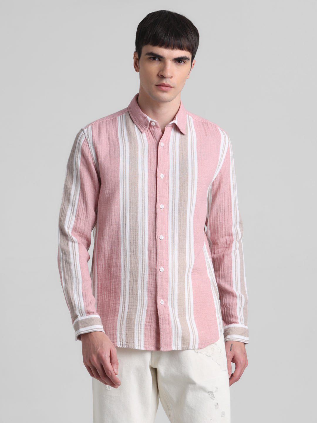Light Pink Colourblocked Striped Shirt