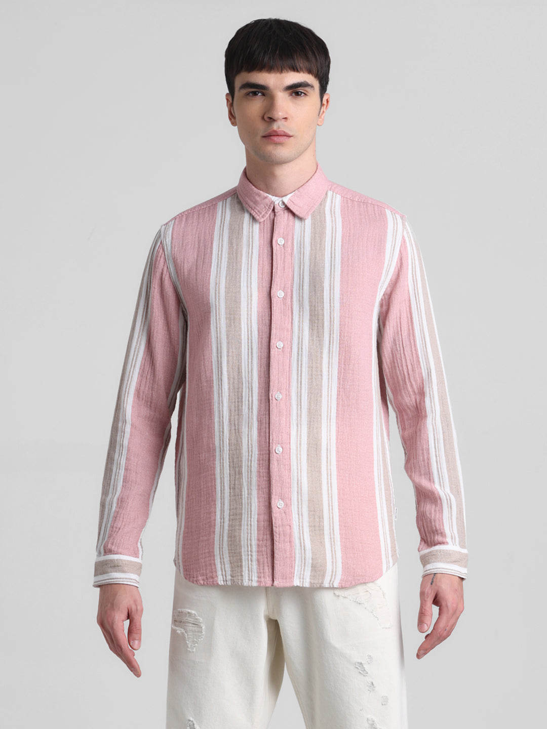 Light Pink Colourblocked Striped Shirt