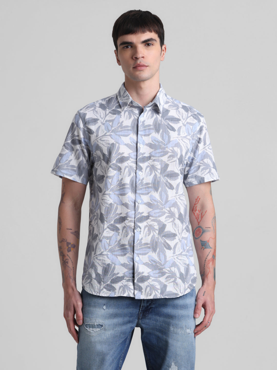 Grey Floral Short Sleeve Shirt