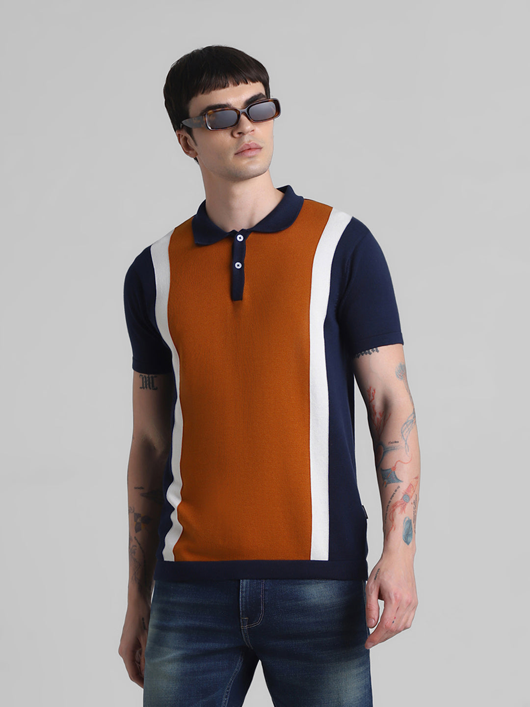 Brown Colourblocked Knit Polo