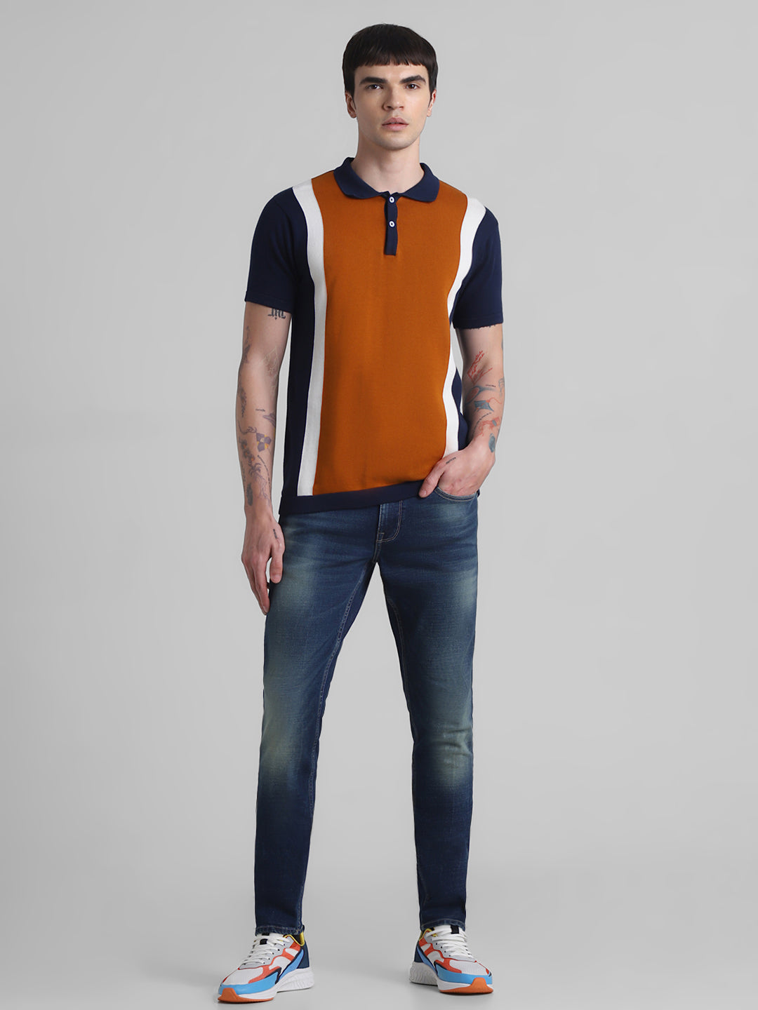 Brown Colourblocked Knit Polo