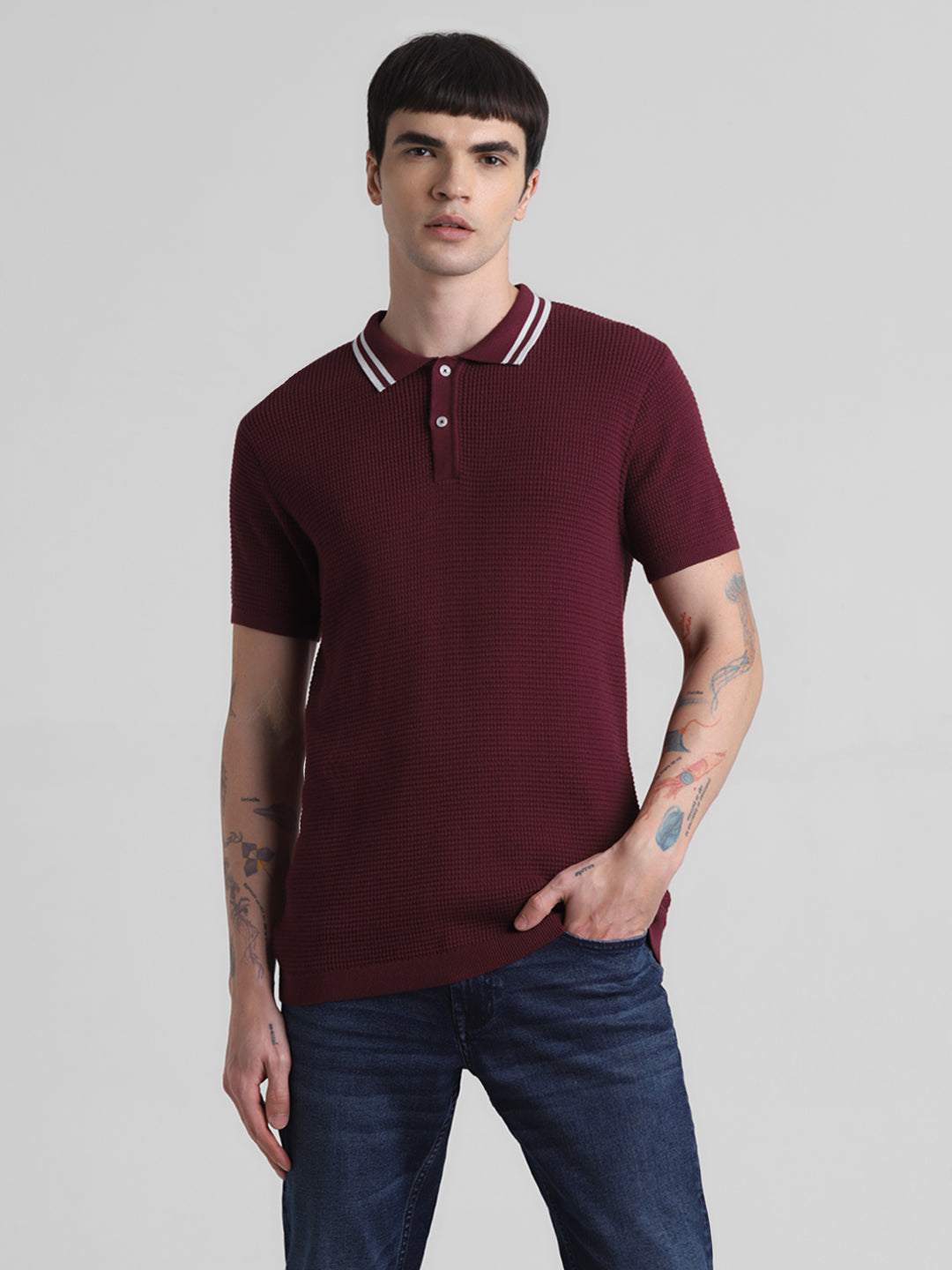 Dark Red Cotton Flat Knit Polo