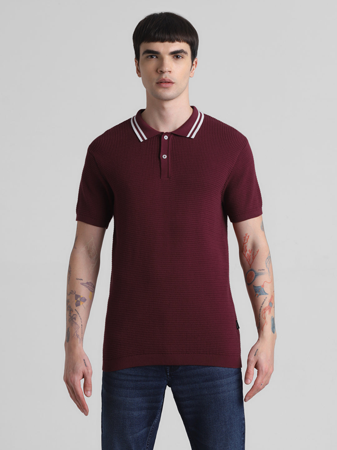 Dark Red Cotton Flat Knit Polo