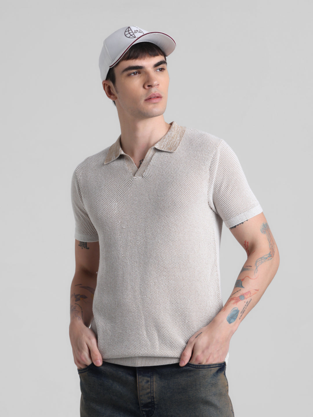Beige Flat Knit Cotton Polo