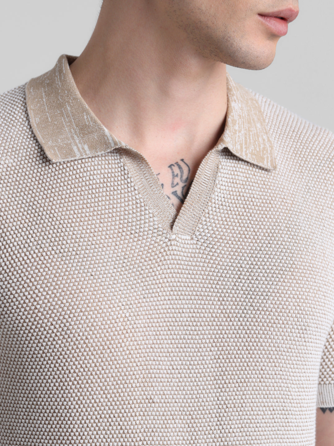 Beige Flat Knit Cotton Polo