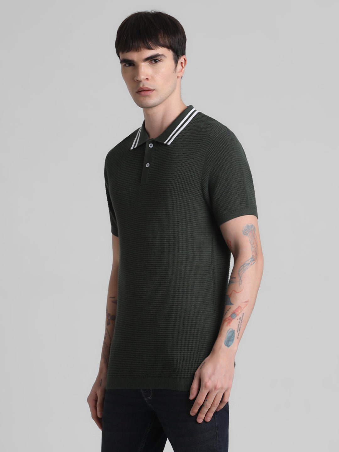 Textured Contrast Collar Knit Polo