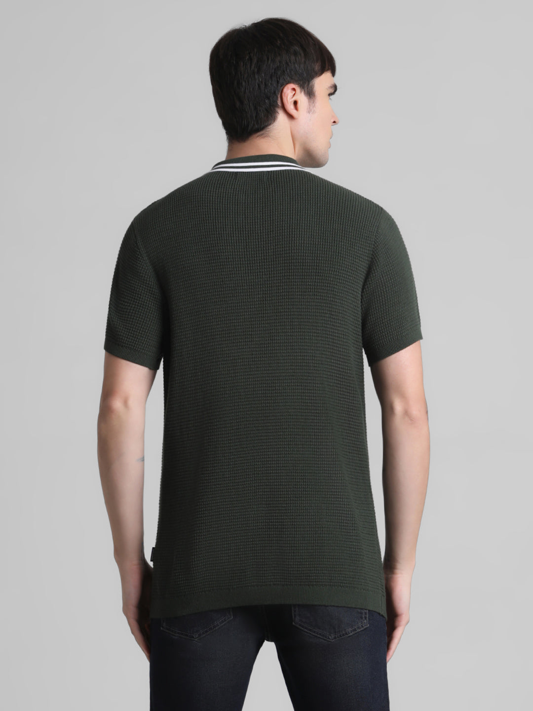 Textured Contrast Collar Knit Polo