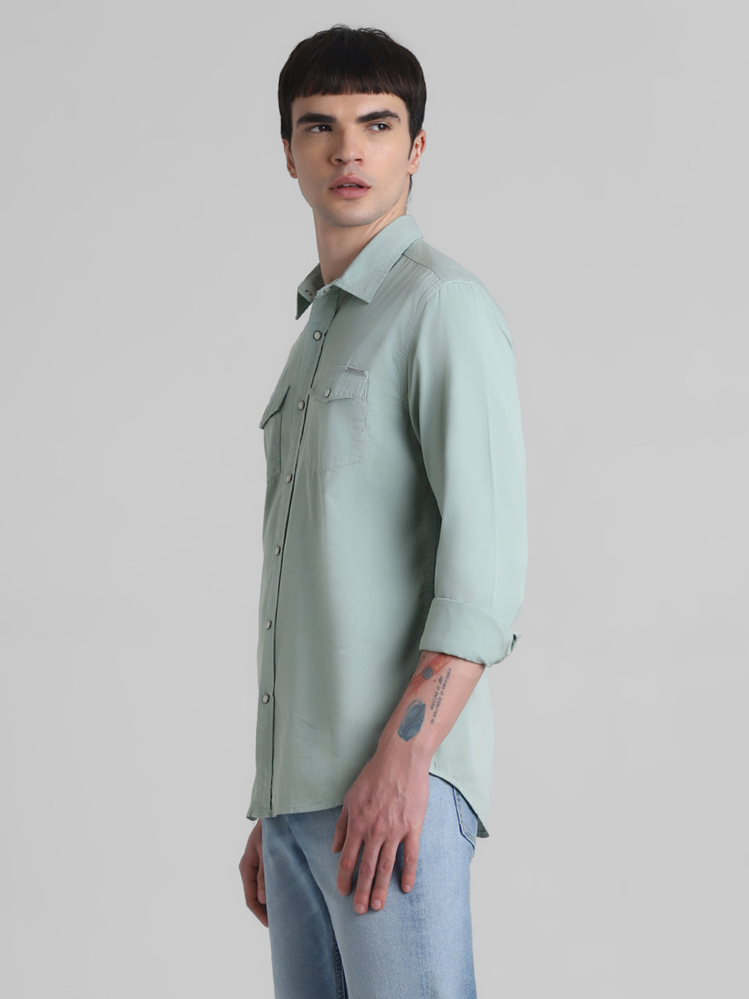 Light Green Denim Full Sleeves Shirt