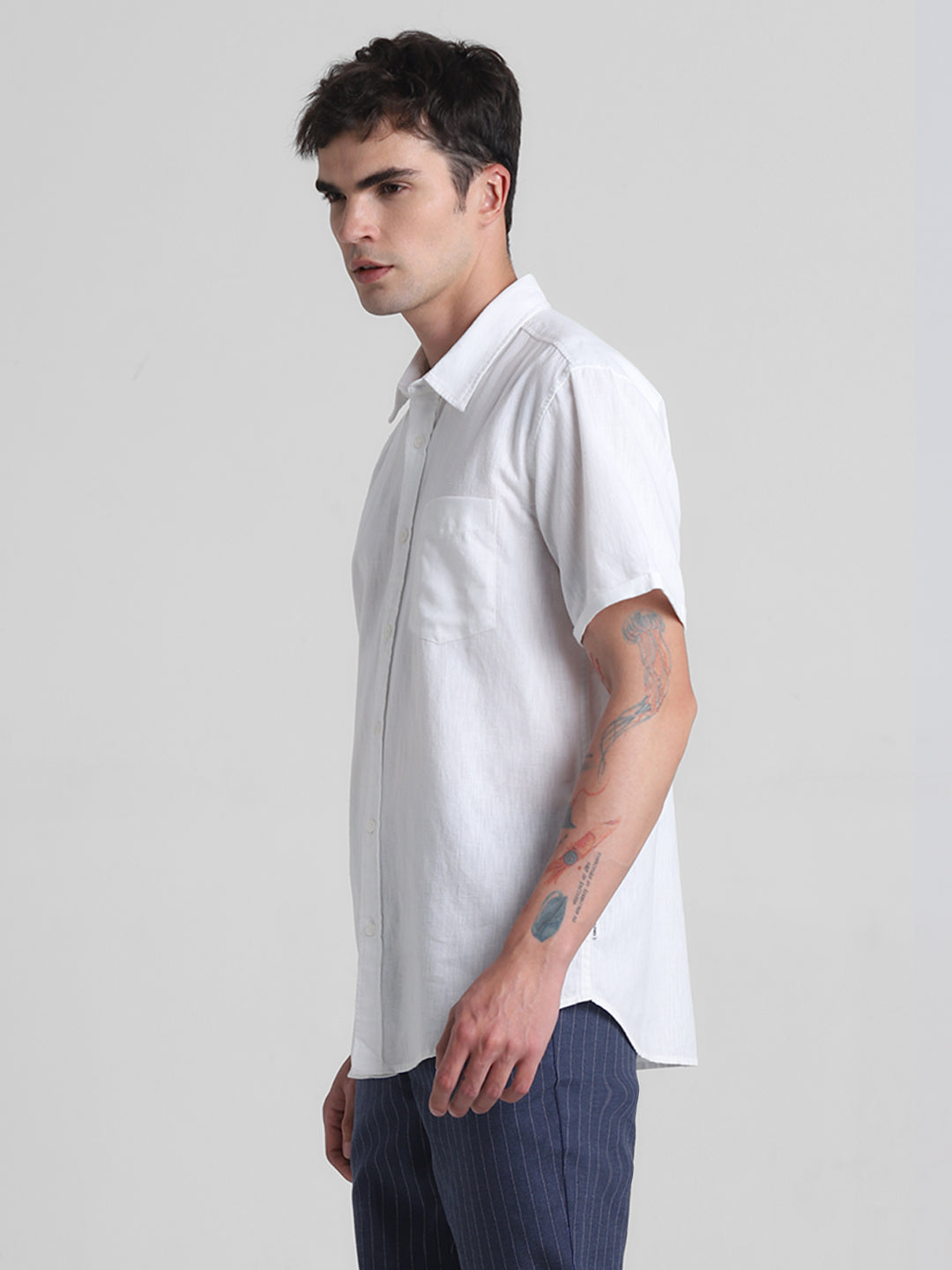 White Linen Blend Short Sleeves Shirt