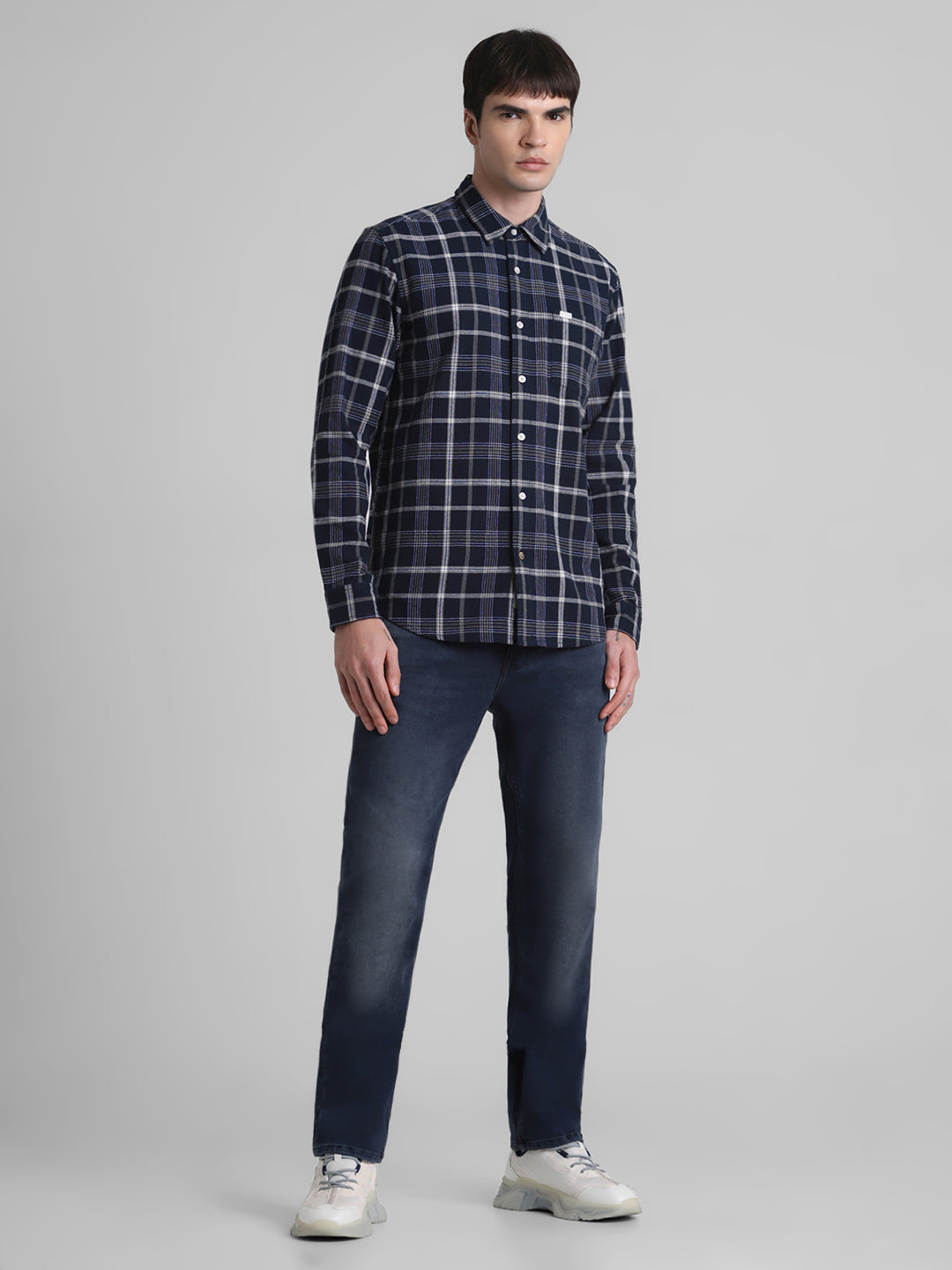 Navy Blue Check Patch Pocket Shirt