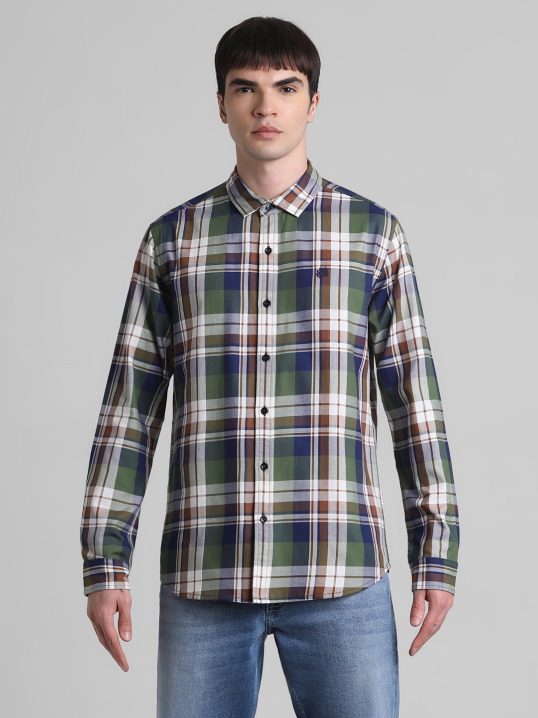 Olive Green Check Cotton Shirt