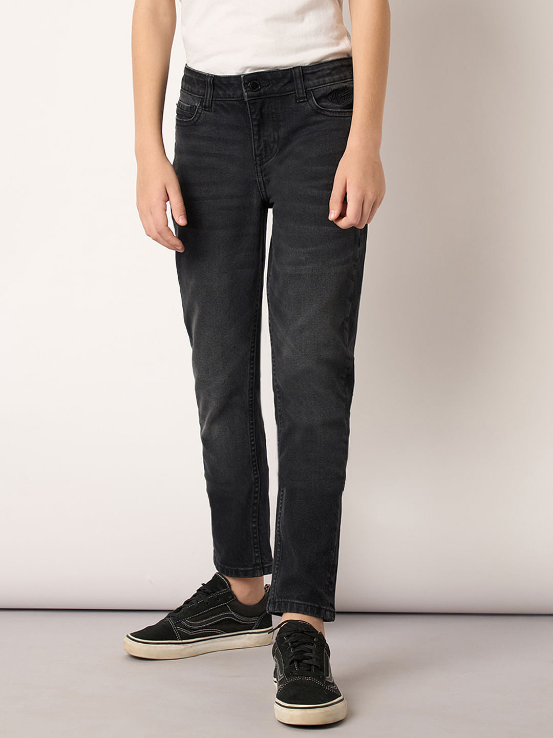 Boys Dark Grey Mid Rise Slim Fit Jeans