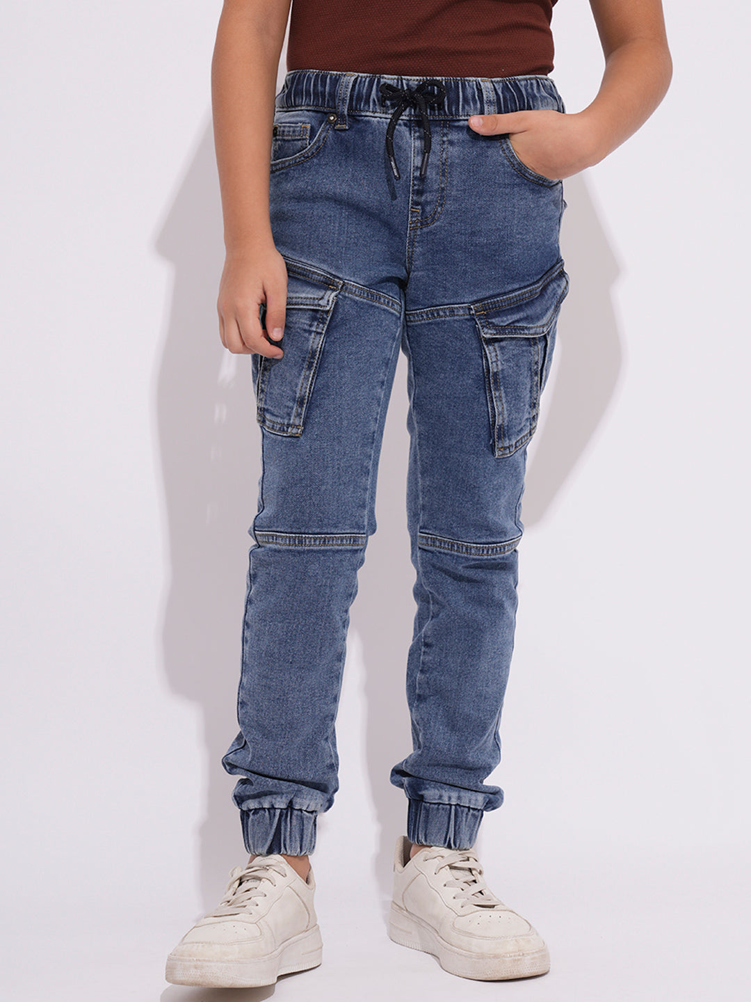 Boys Light Blue Washed Denim Cargo Joggers With Drawstring Waist