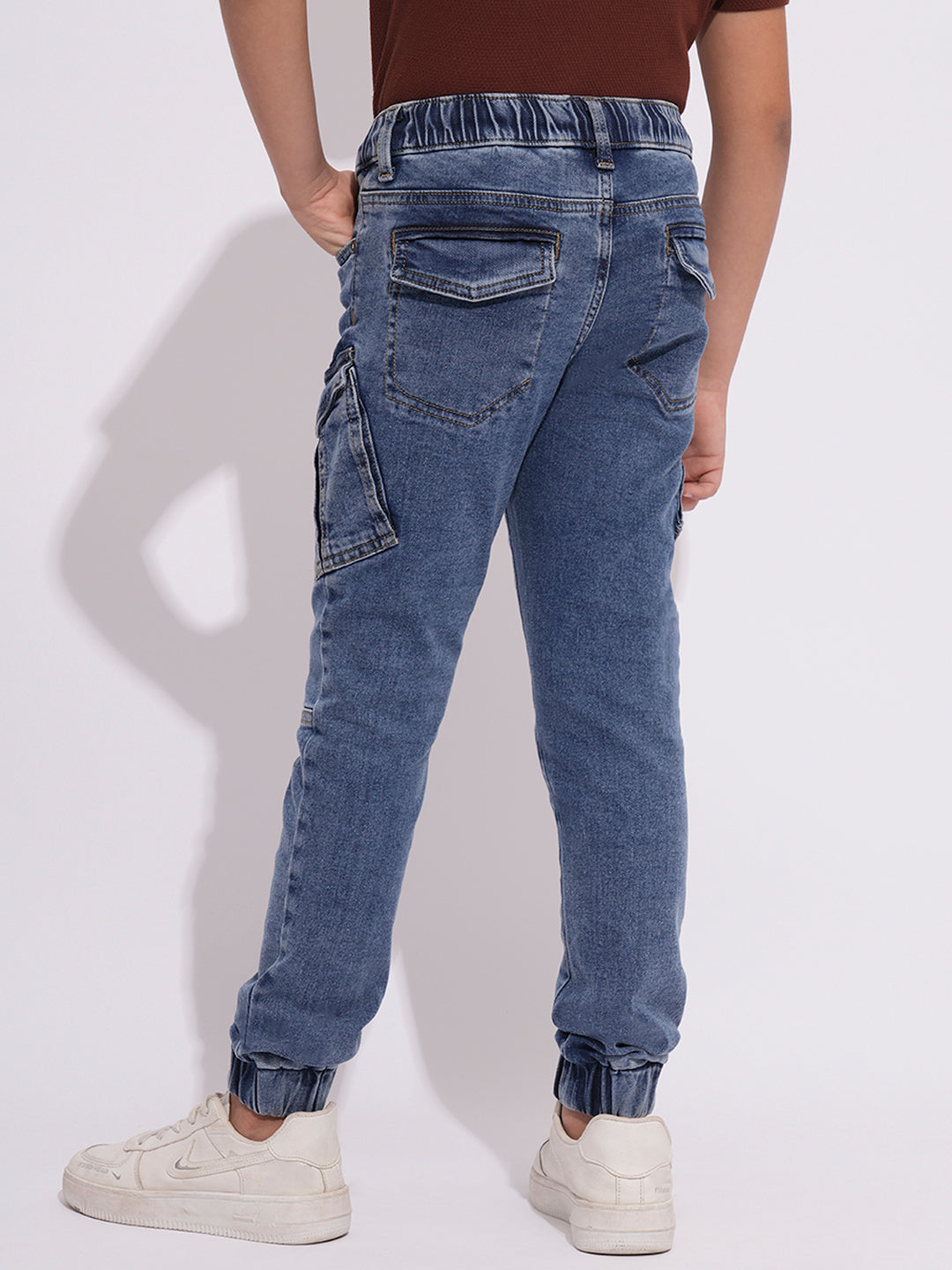Boys Light Blue Washed Denim Cargo Joggers With Drawstring Waist