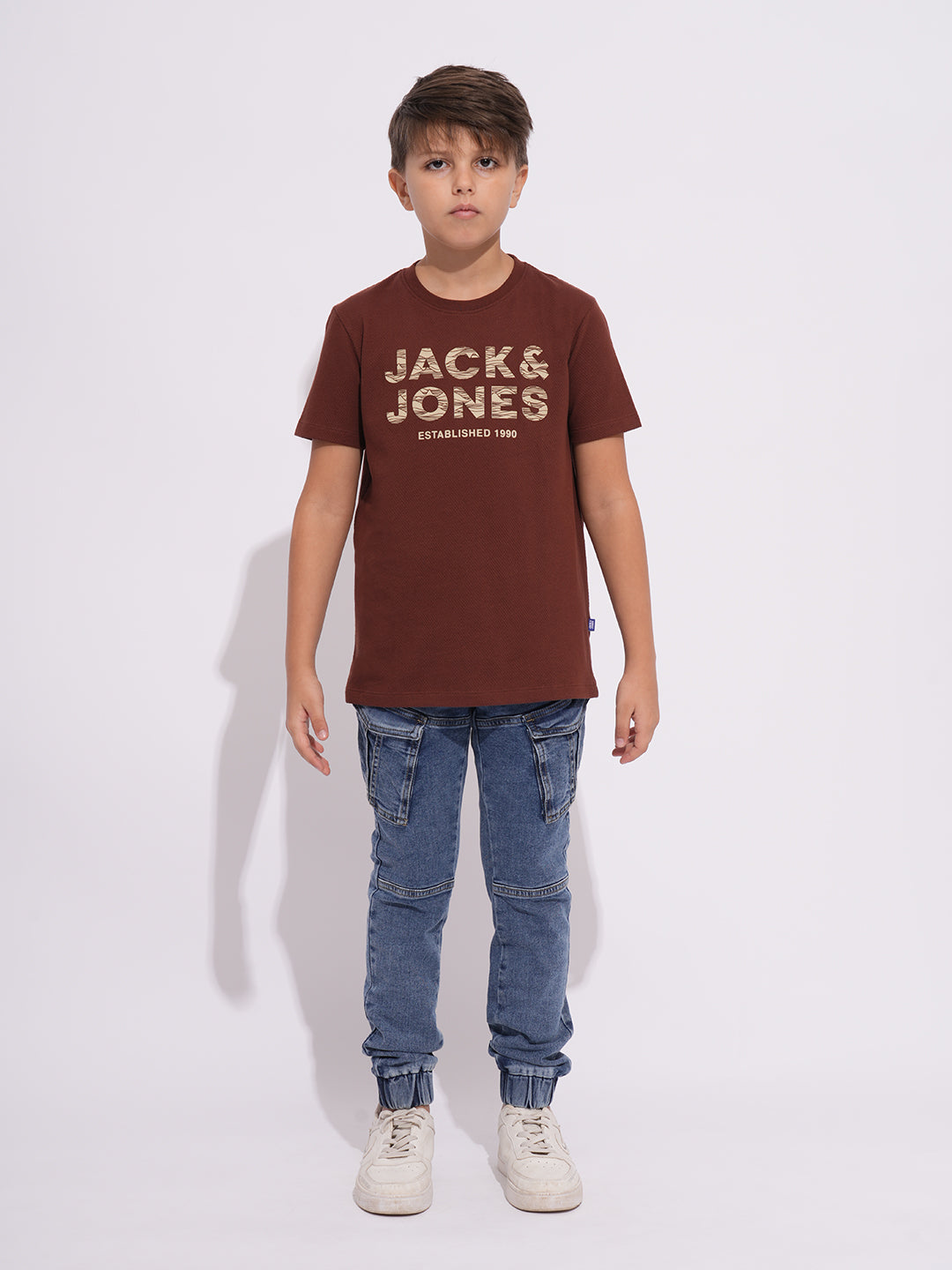 Boys Light Blue Washed Denim Cargo Joggers With Drawstring Waist