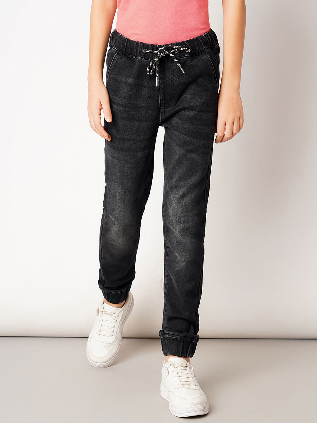 Dark Grey Mid Rise Denim Joggers