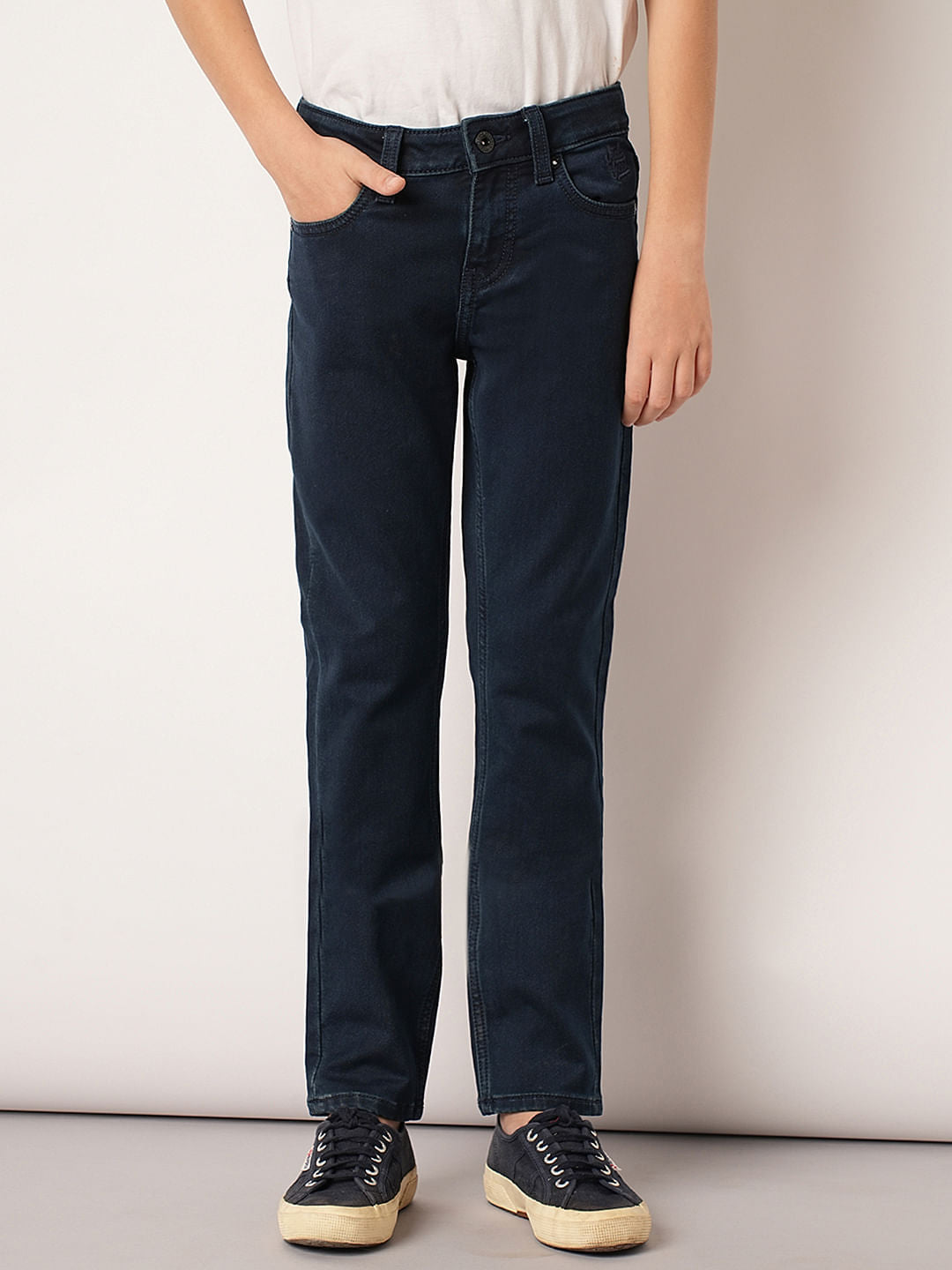 Boys Dark Blue Mid Rise Straight Fit Jeans