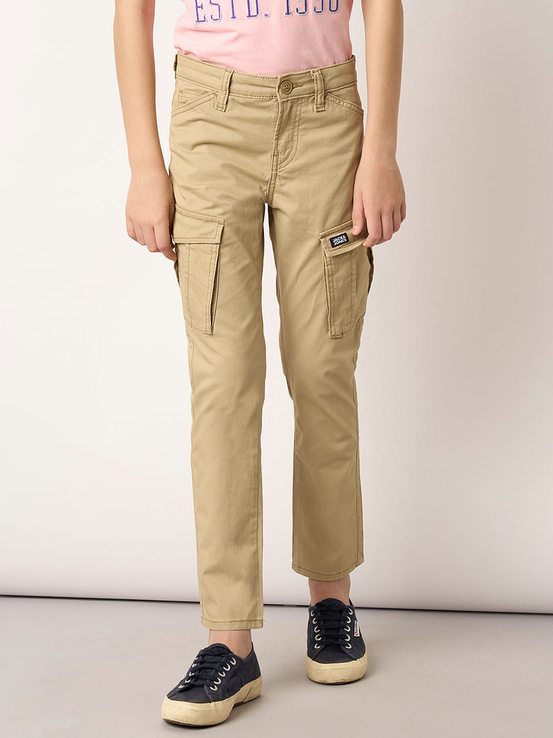 Boys Beige Mid Rise Casual Pants
