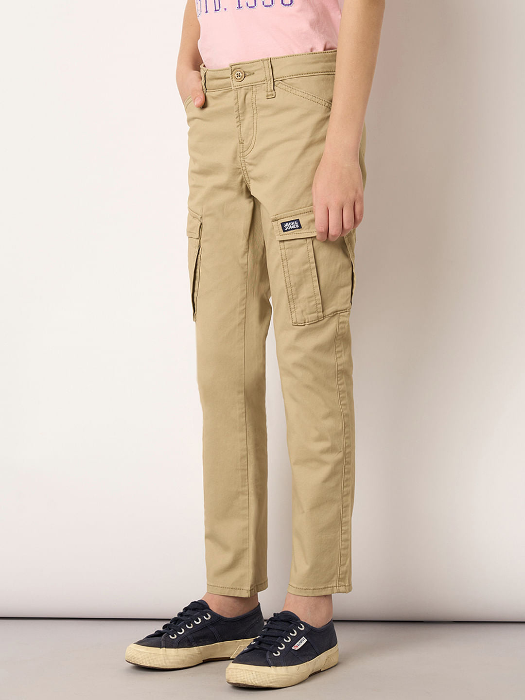 Boys Beige Mid Rise Casual Pants