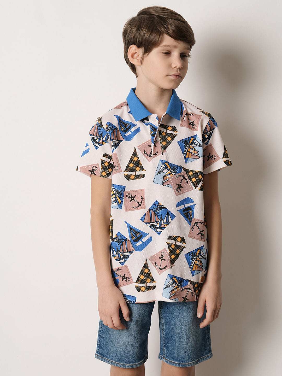 Boys Beige Boat Print Polo T-shirt