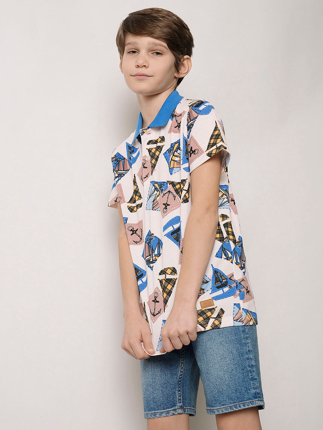 Boys Beige Boat Print Polo T-shirt