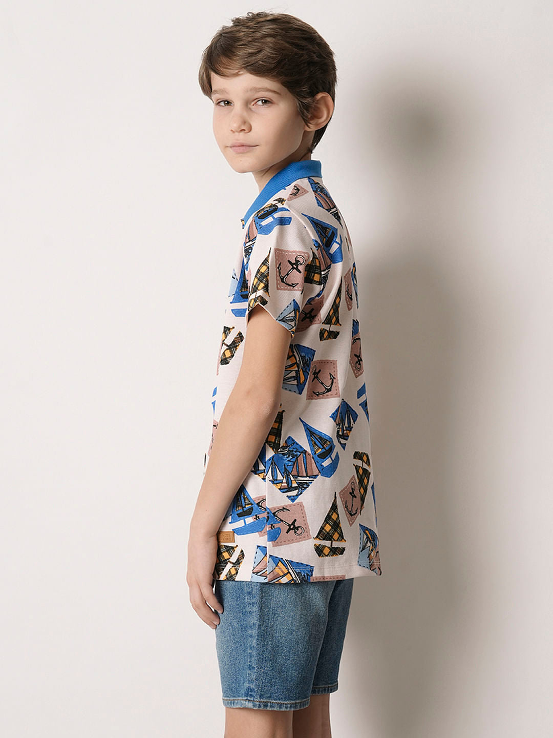 Boys Beige Boat Print Polo T-shirt