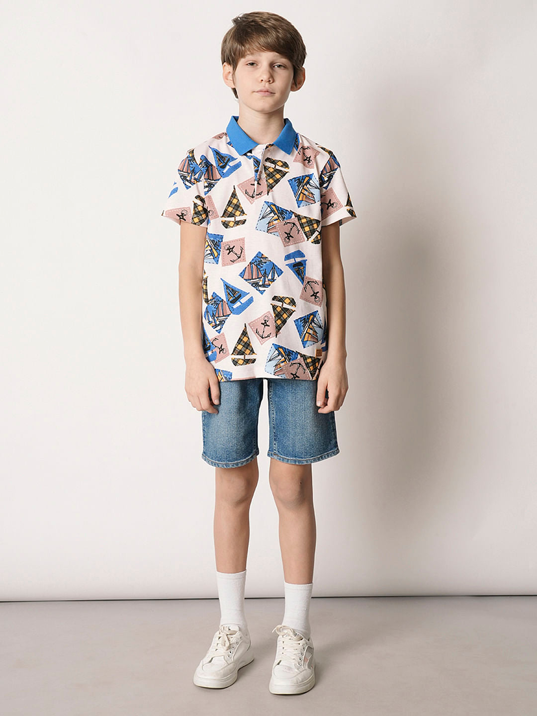 Boys Beige Boat Print Polo T-shirt
