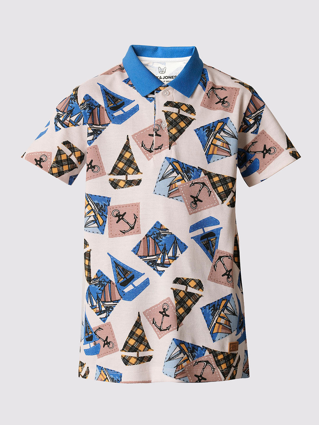 Boys Beige Boat Print Polo T-shirt