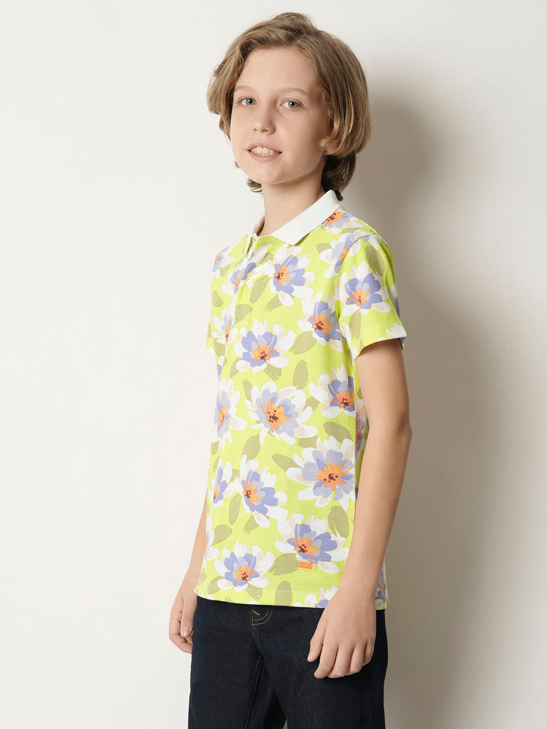 Boys Green Floral Polo T-shirt