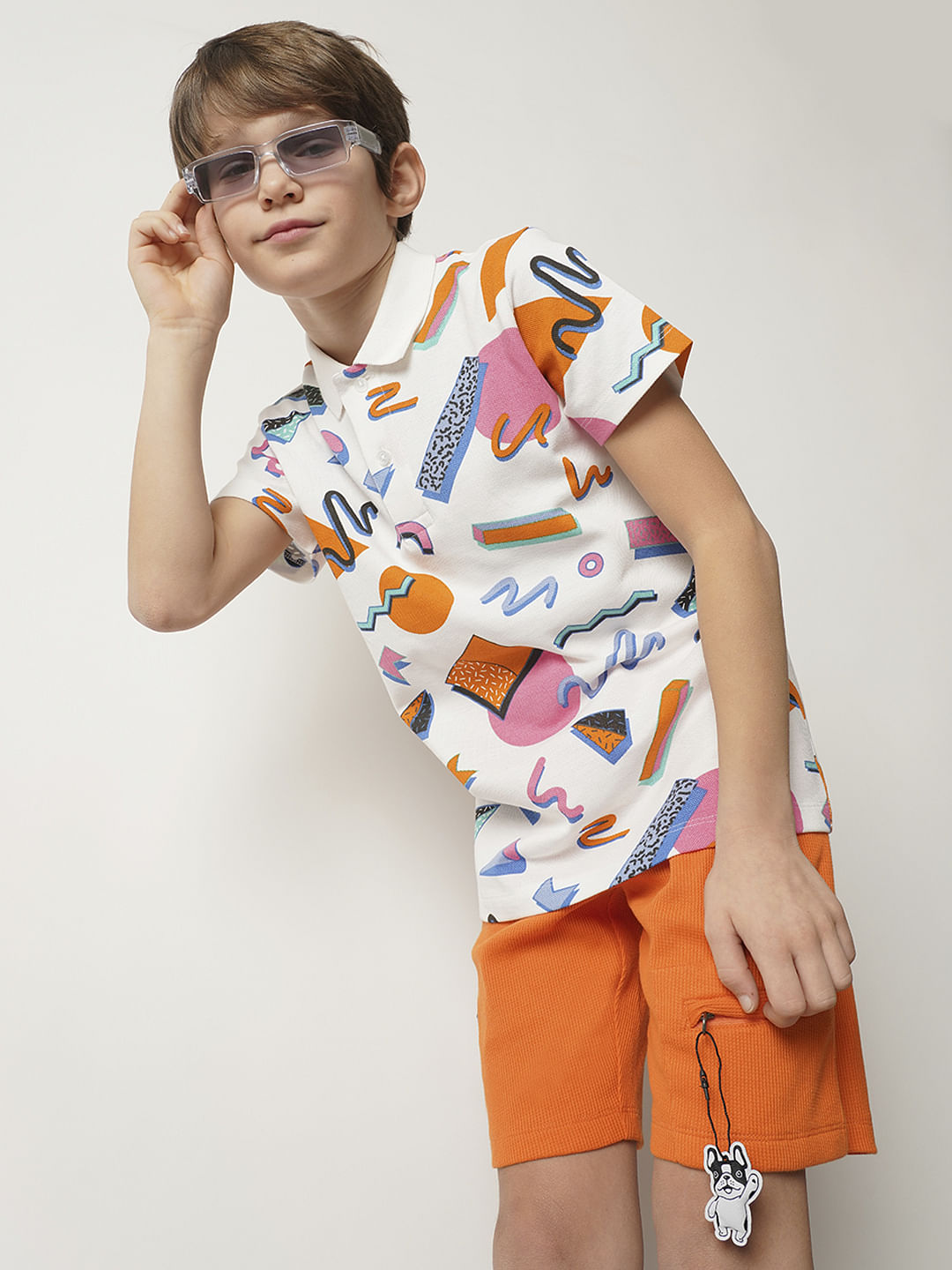 Boys White Printed Polo T-shirt