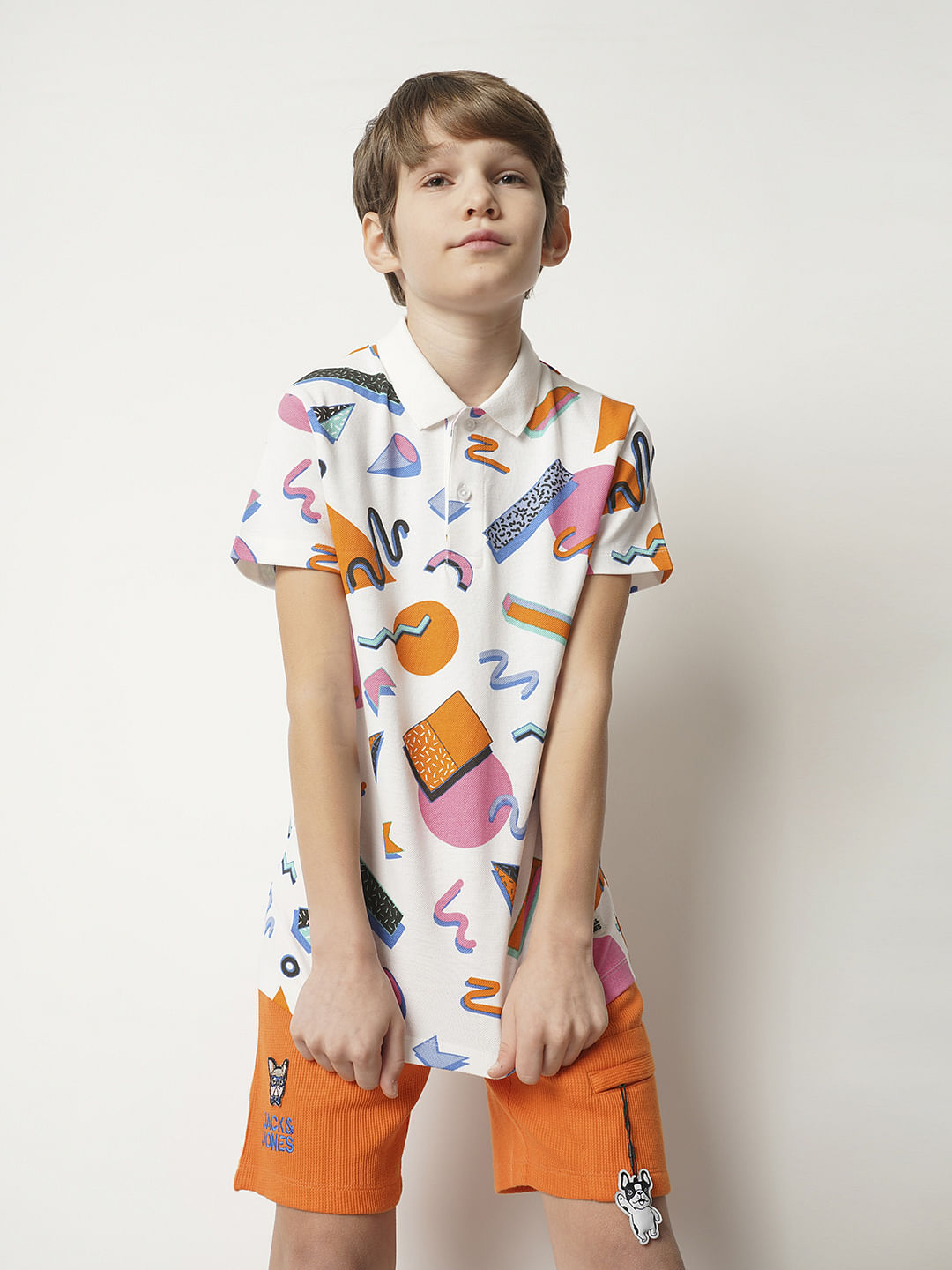 Boys White Printed Polo T-shirt