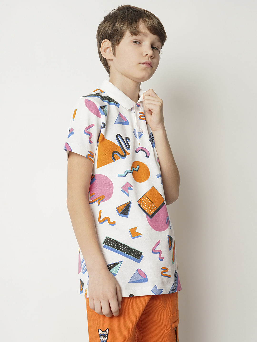 Boys White Printed Polo T-shirt