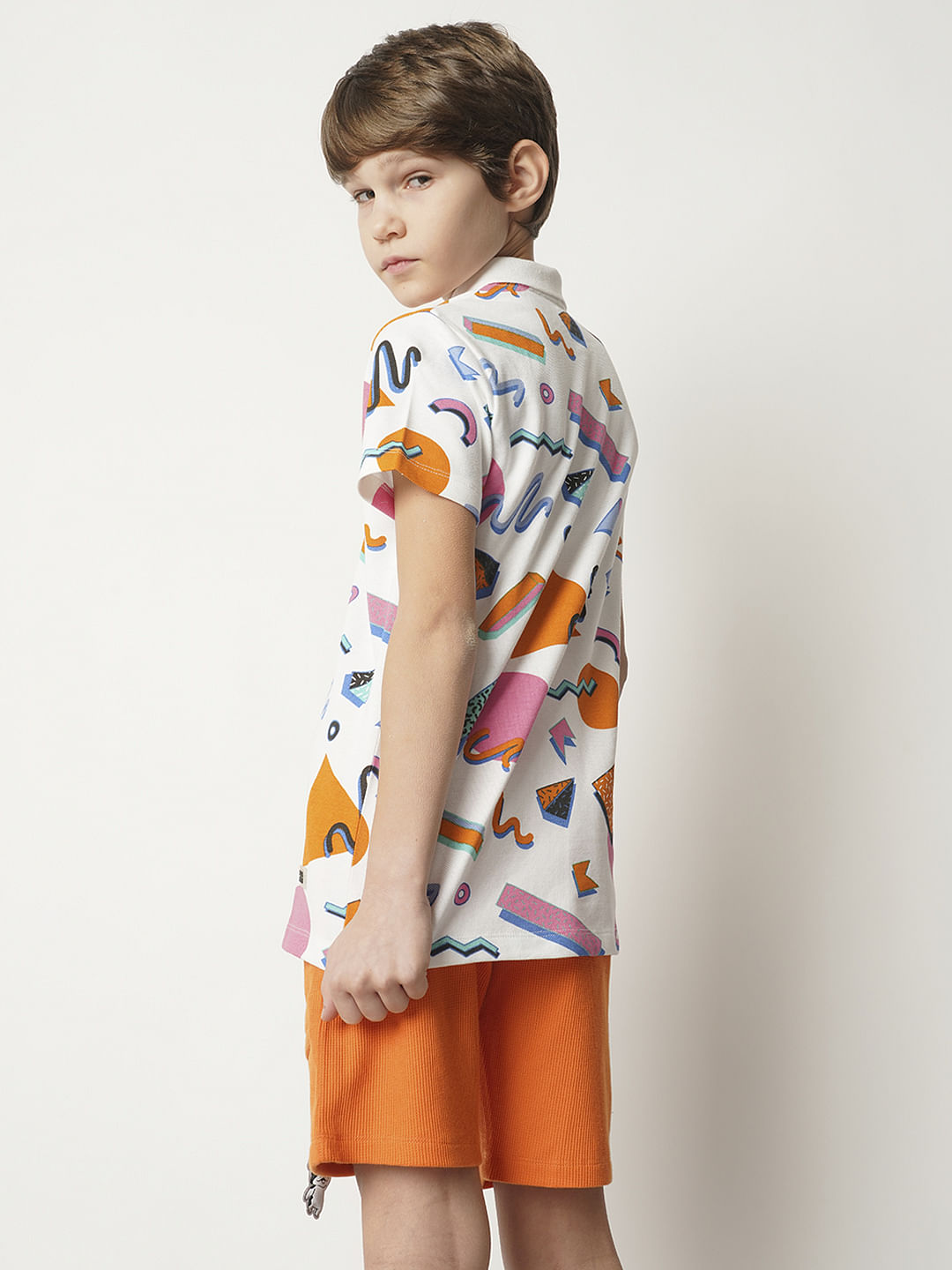 Boys White Printed Polo T-shirt