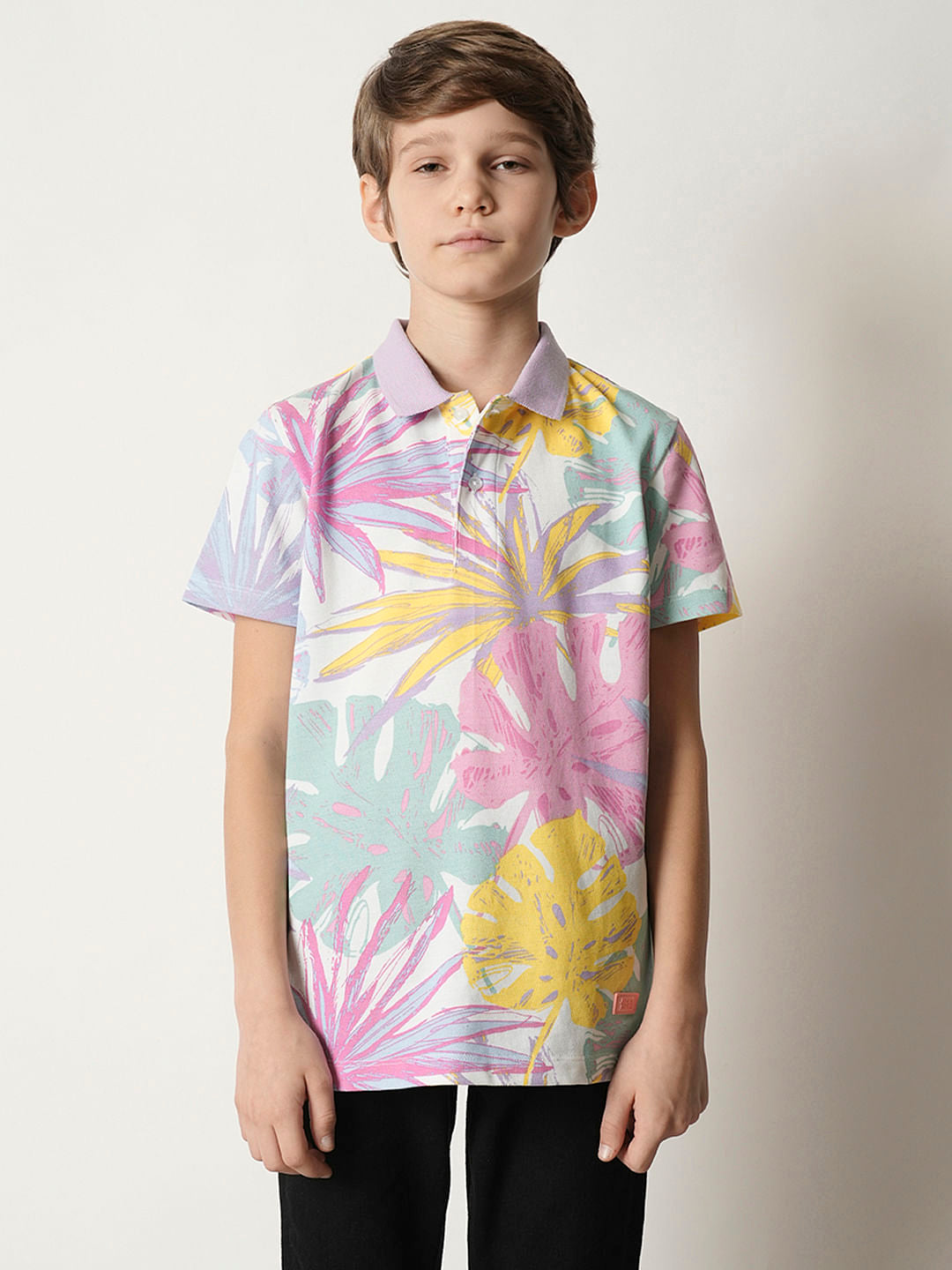 Boys Pastel Purple Printed Polo T-shirt