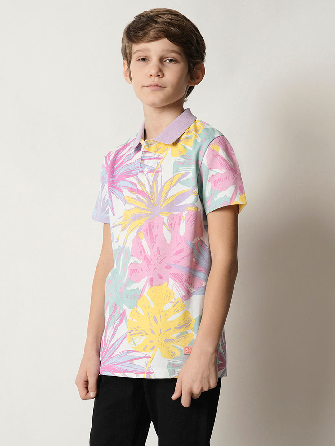 Boys Pastel Purple Printed Polo T-shirt