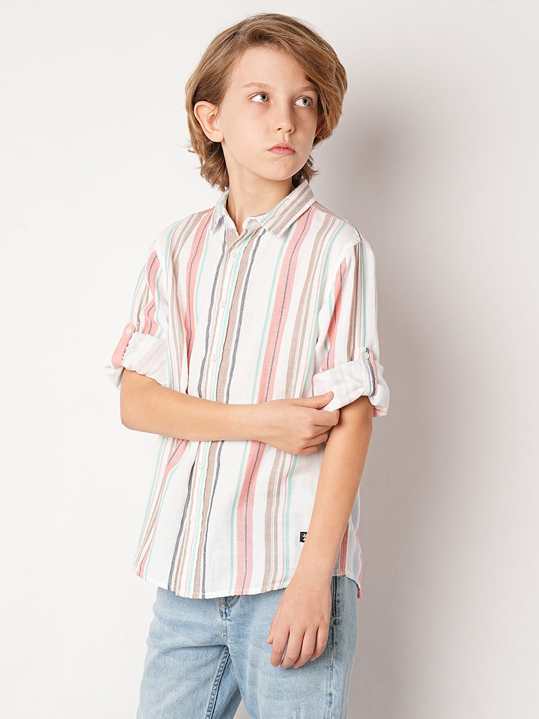 Beige Striped Full Sleeves Shirt
