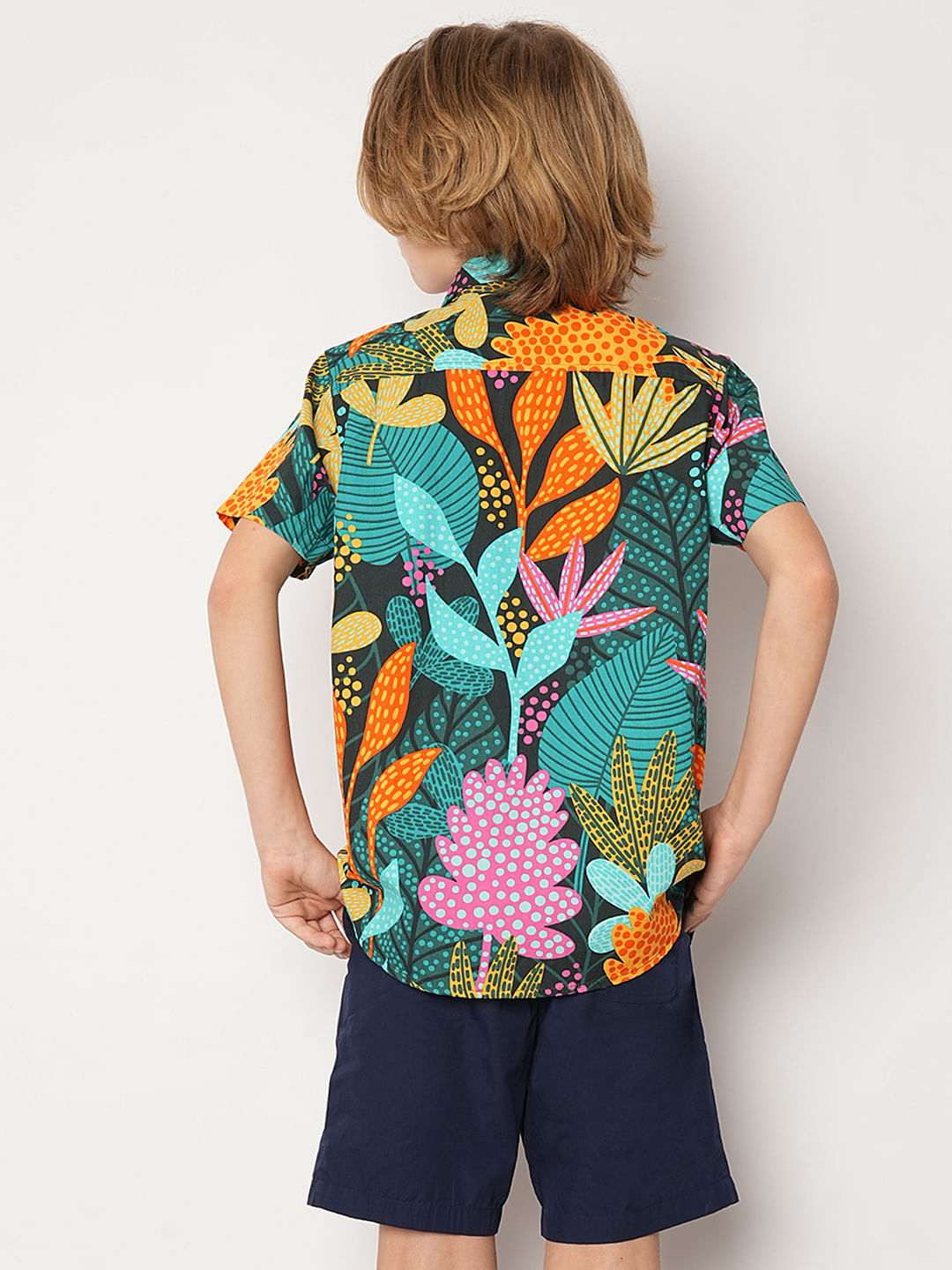 Boys Green Tropical Print Shirt