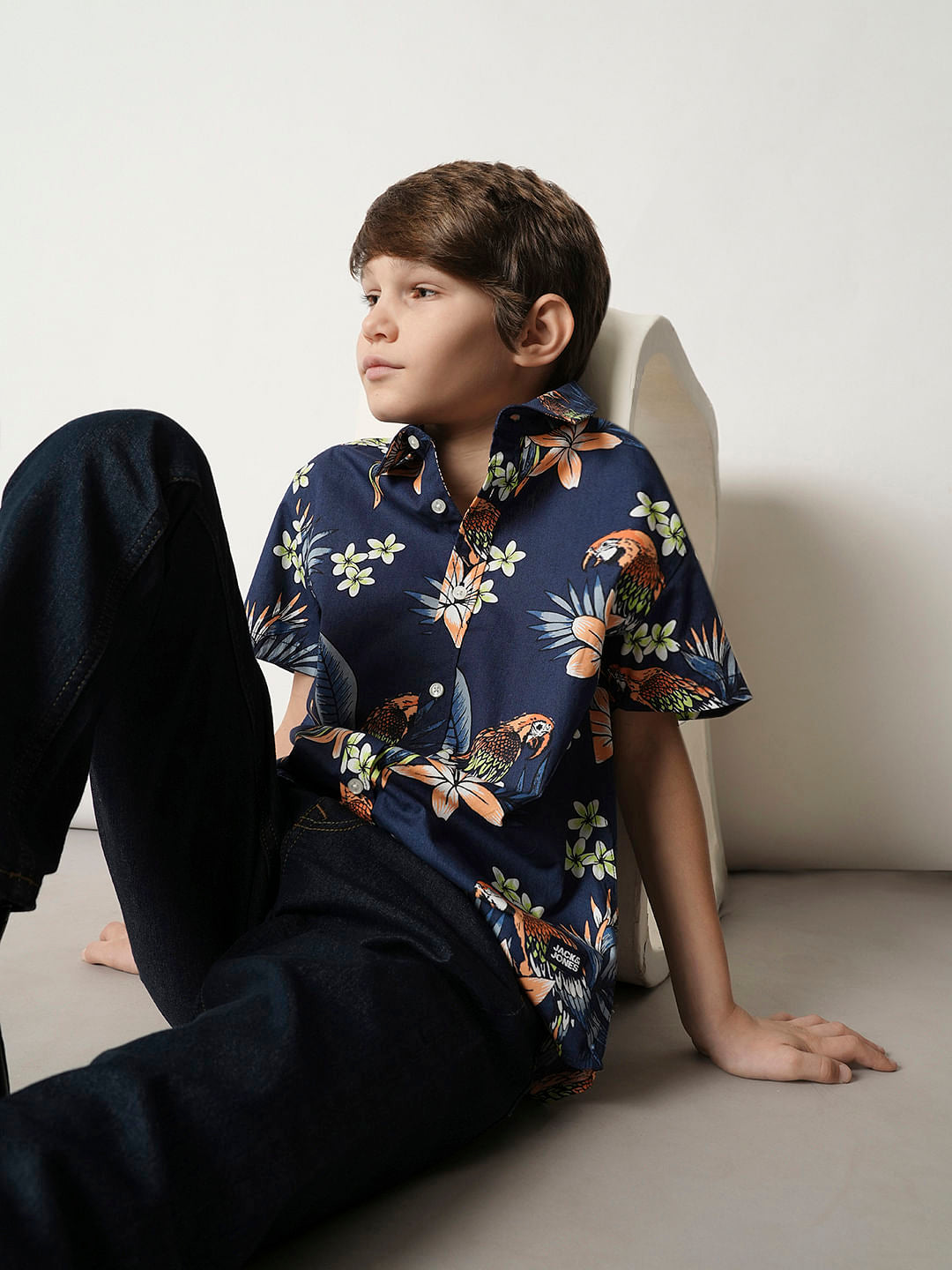 Boys Navy Blue Floral Cotton Shirt