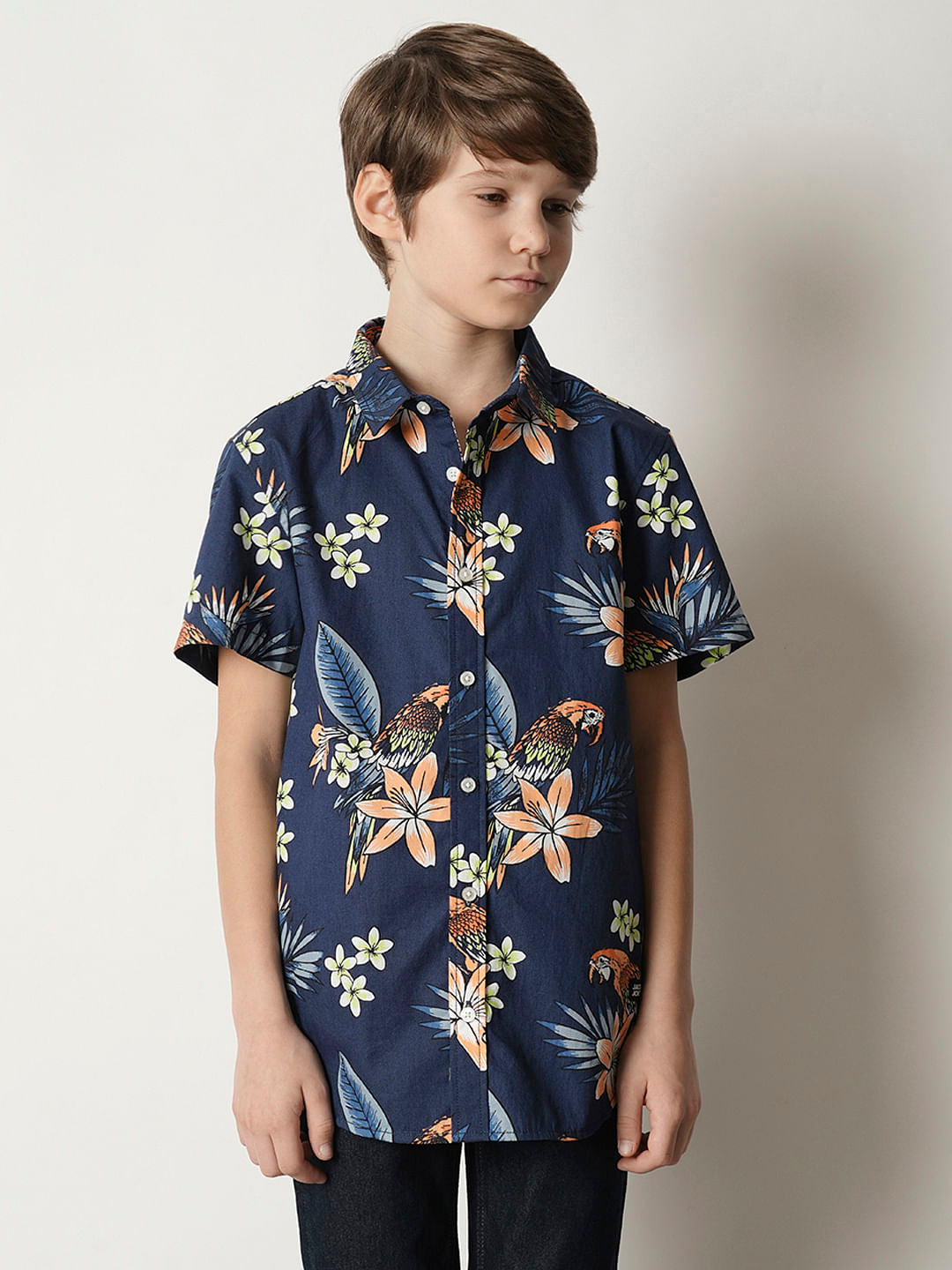 Boys Navy Blue Floral Cotton Shirt