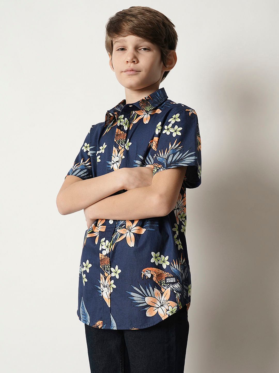 Boys Navy Blue Floral Cotton Shirt